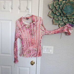 KOMAROV LACE INSET BLOUSE! | L | Pink floral with LACE TIES! | BODYCON | EUC